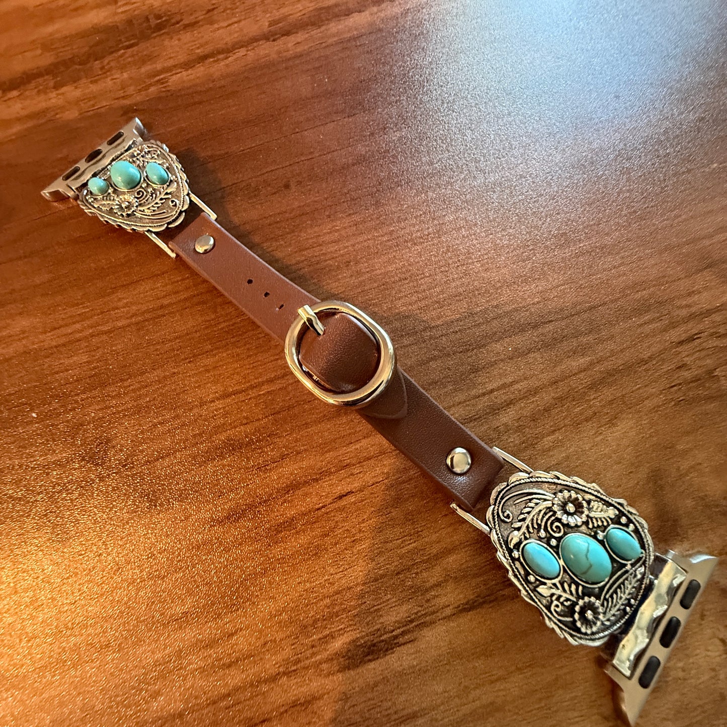 Handcrafted Cowgirl Apple Watch Band Turquoise Floral Brown Leather 38 to 40mm
