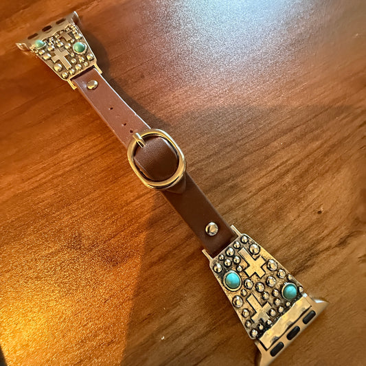 Handcrafted Cowgirl Apple Watch Band Leather Religious Turquoise Cross 38 40mm