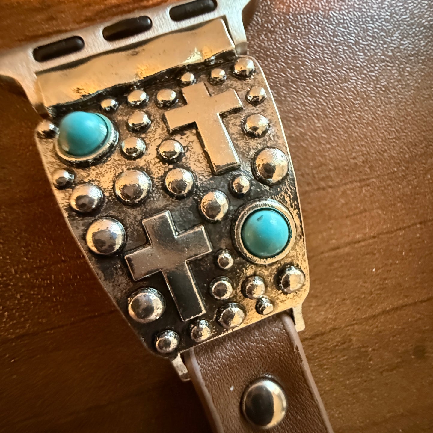 Handcrafted Cowgirl Apple Watch Band Leather Religious Turquoise Cross 38 40mm