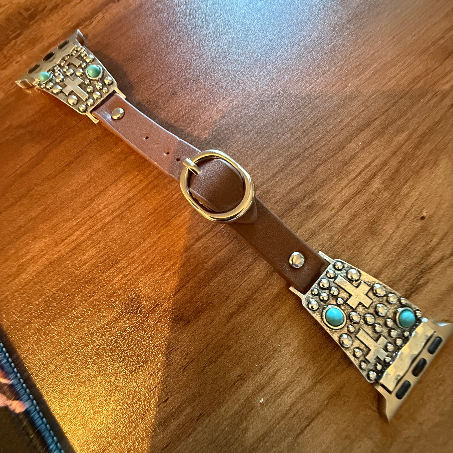 Handcrafted Cowgirl Apple Watch Band Leather Religious Turquoise Cross 38 40mm