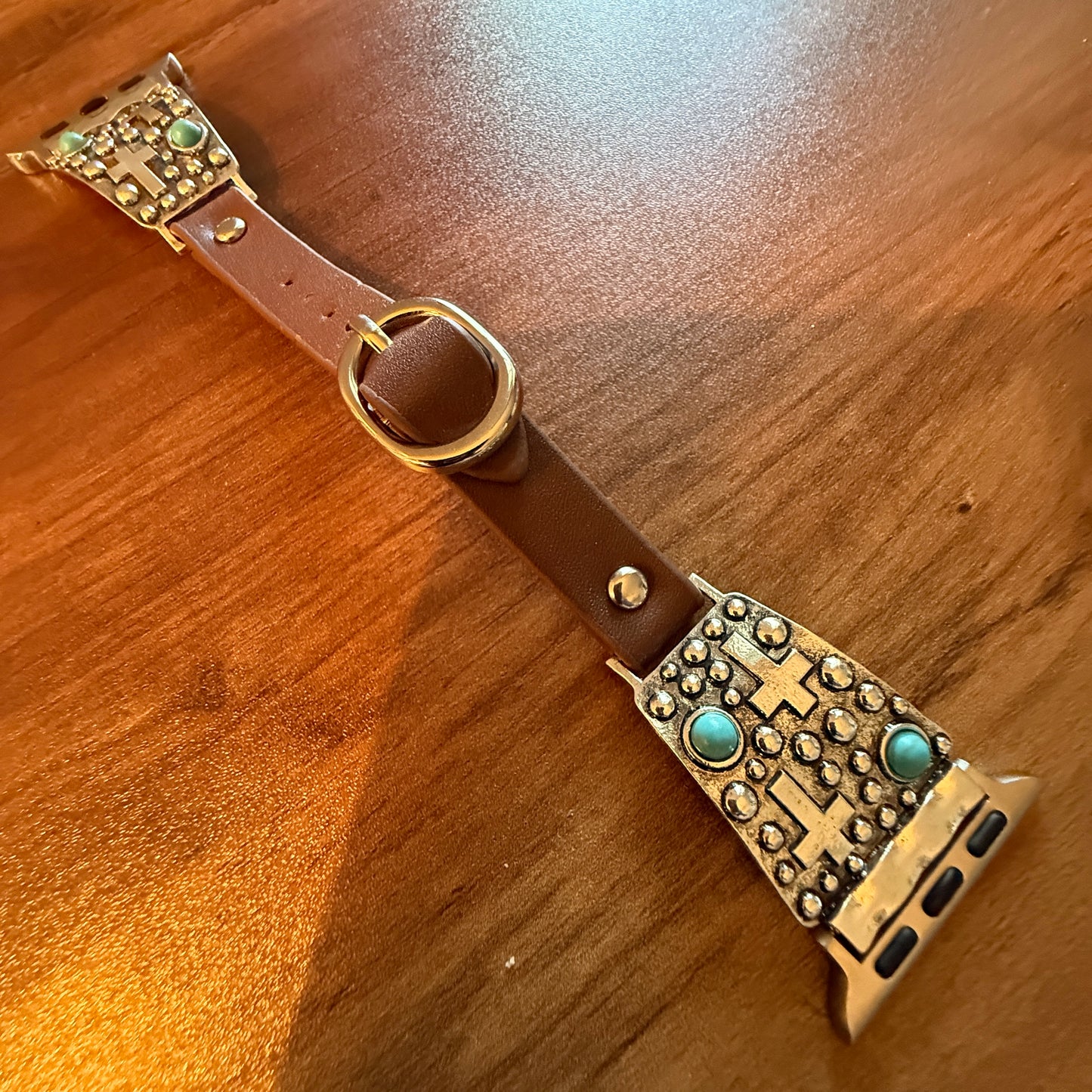 Handcrafted Cowgirl Apple Watch Band Leather Religious Turquoise Cross 38 40mm