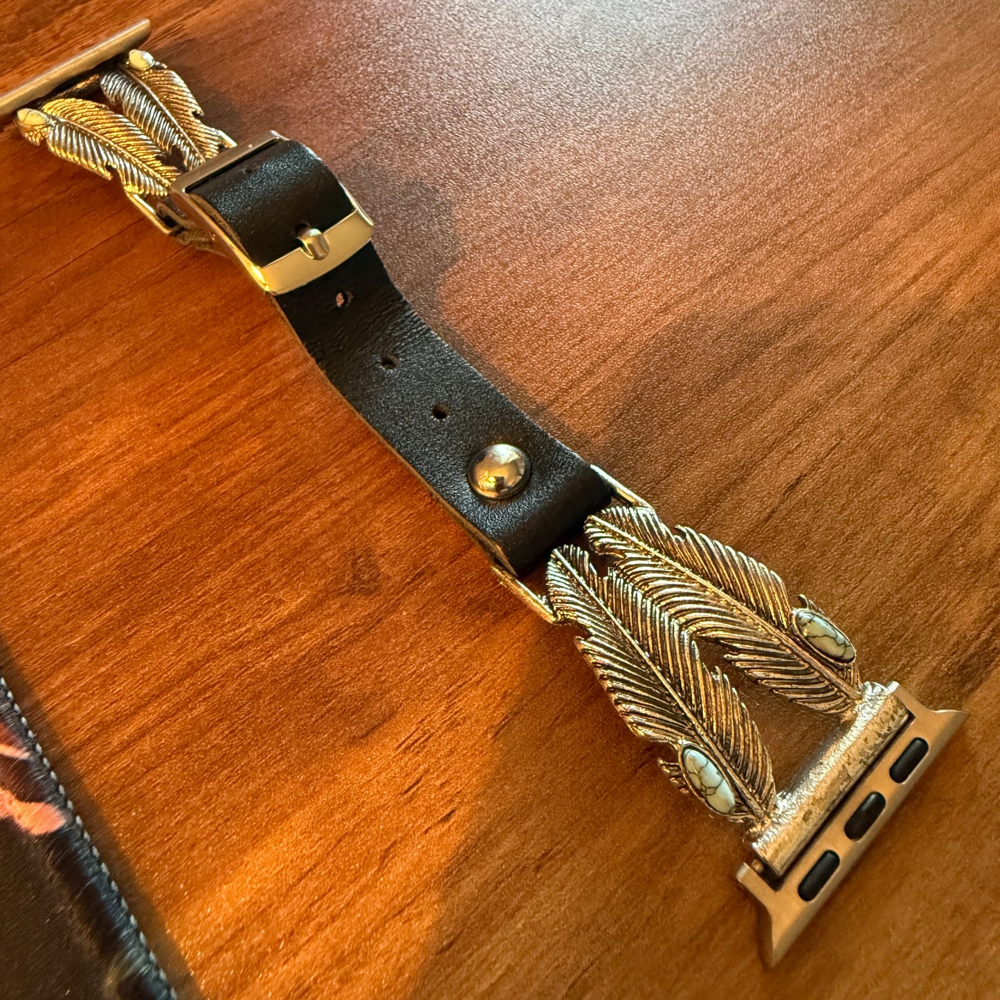 Handcrafted Navajo Style Apple Watch Band Turquoise Feather Leather