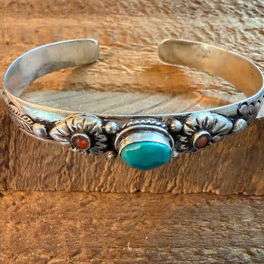 Navajo Style Blue Turquoise and Coral Bangle Bracelet, German Silver