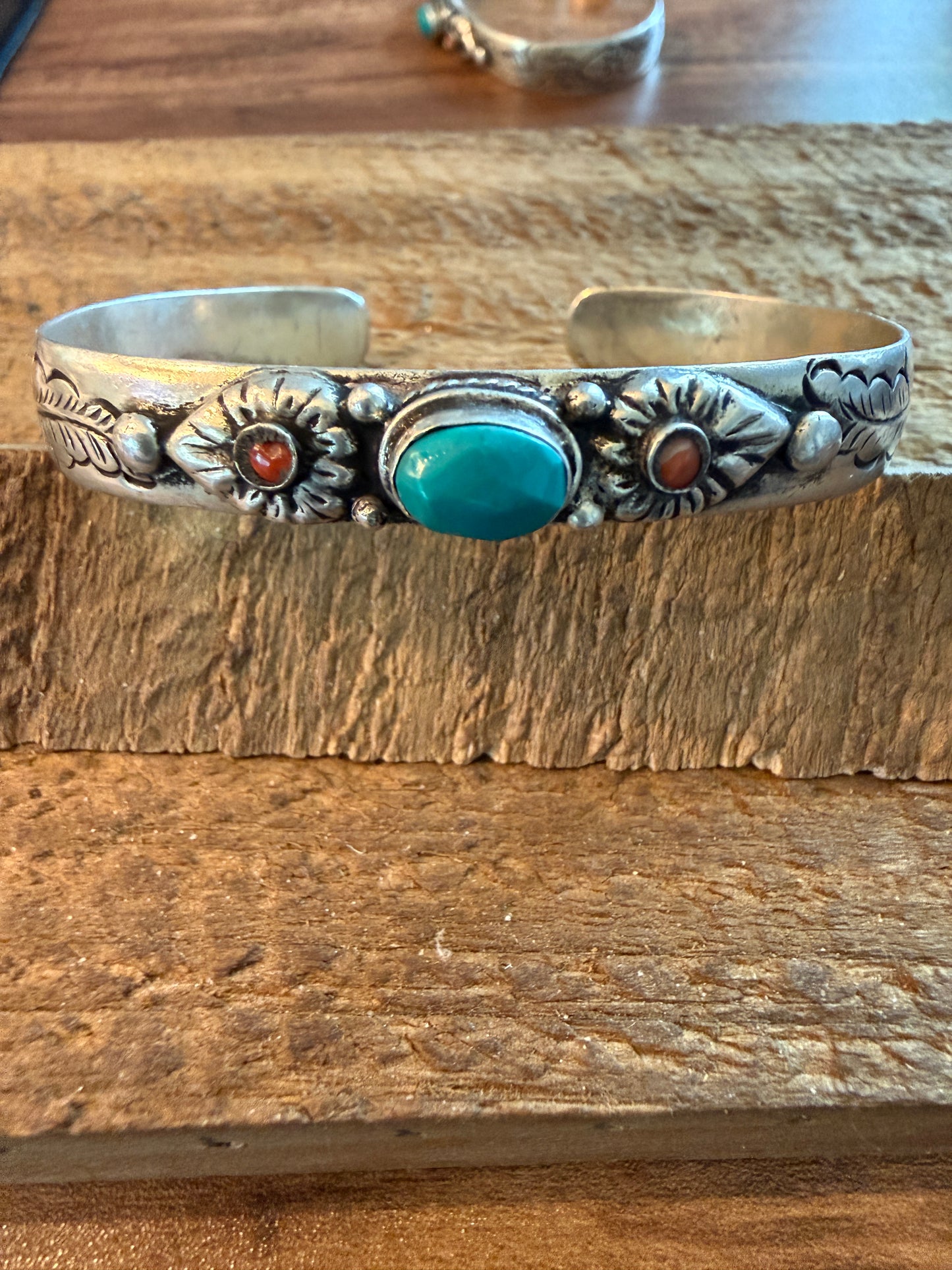 Navajo Style Blue Turquoise and Coral Bangle Bracelet, German Silver