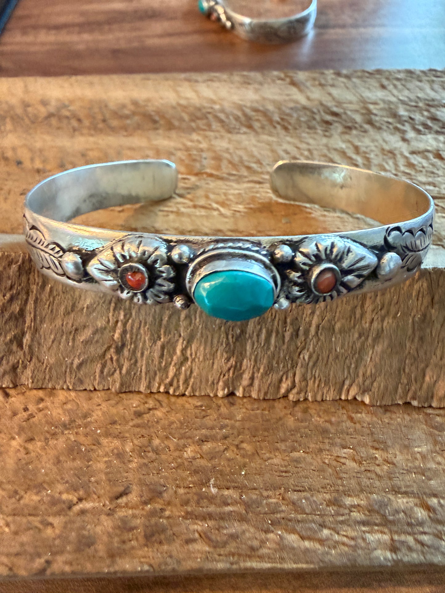 Navajo Style Blue Turquoise and Coral Bangle Bracelet, German Silver