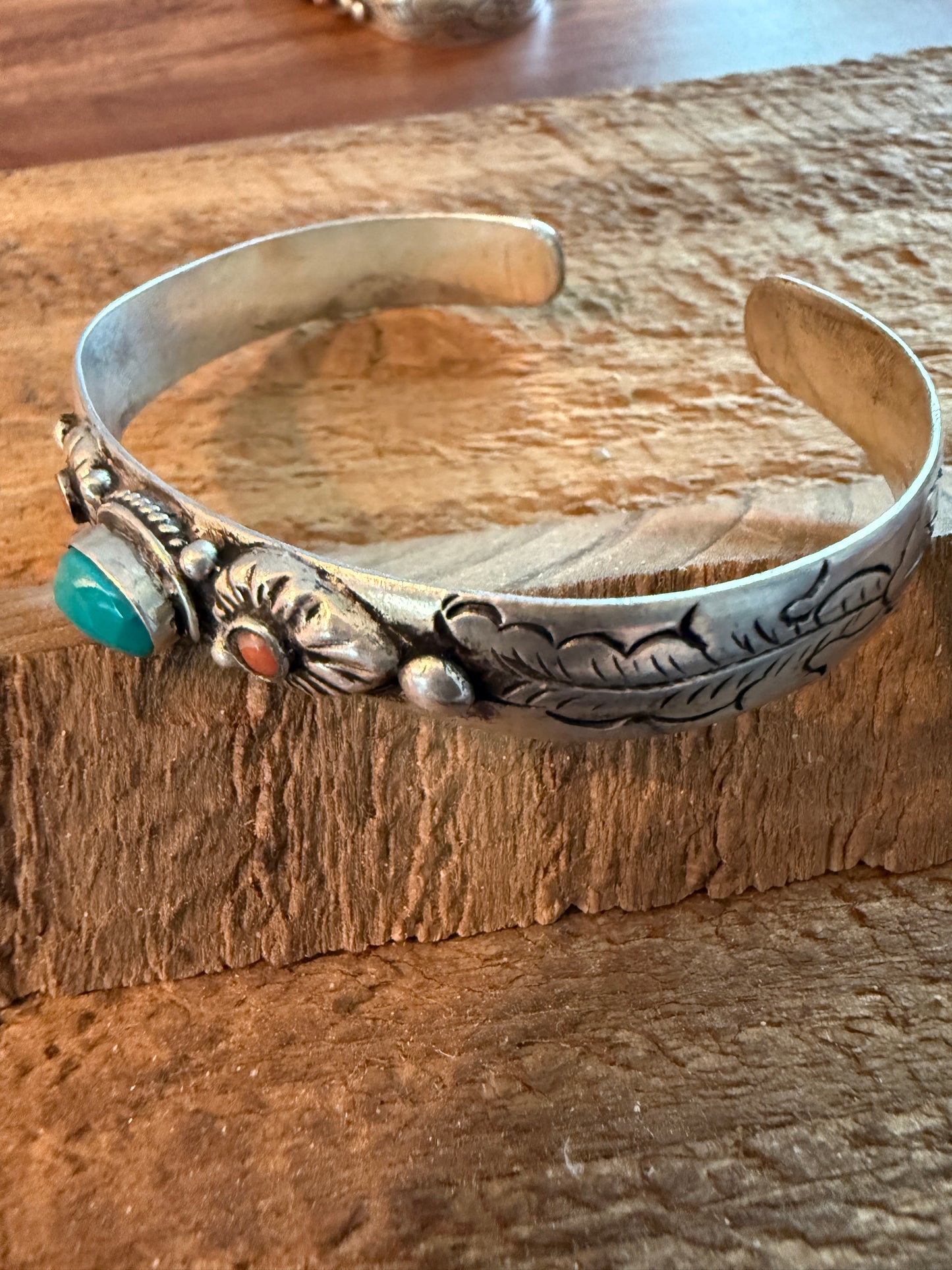 Navajo Style Blue Turquoise and Coral Bangle Bracelet, German Silver