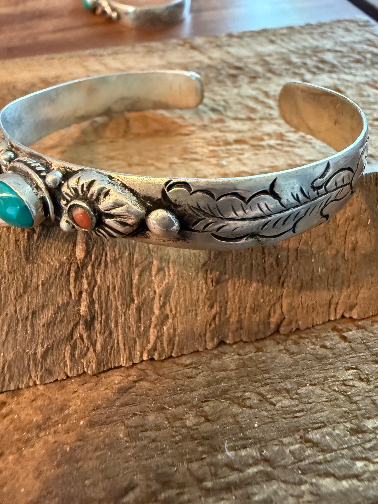 Navajo Style Blue Turquoise and Coral Bangle Bracelet, German Silver