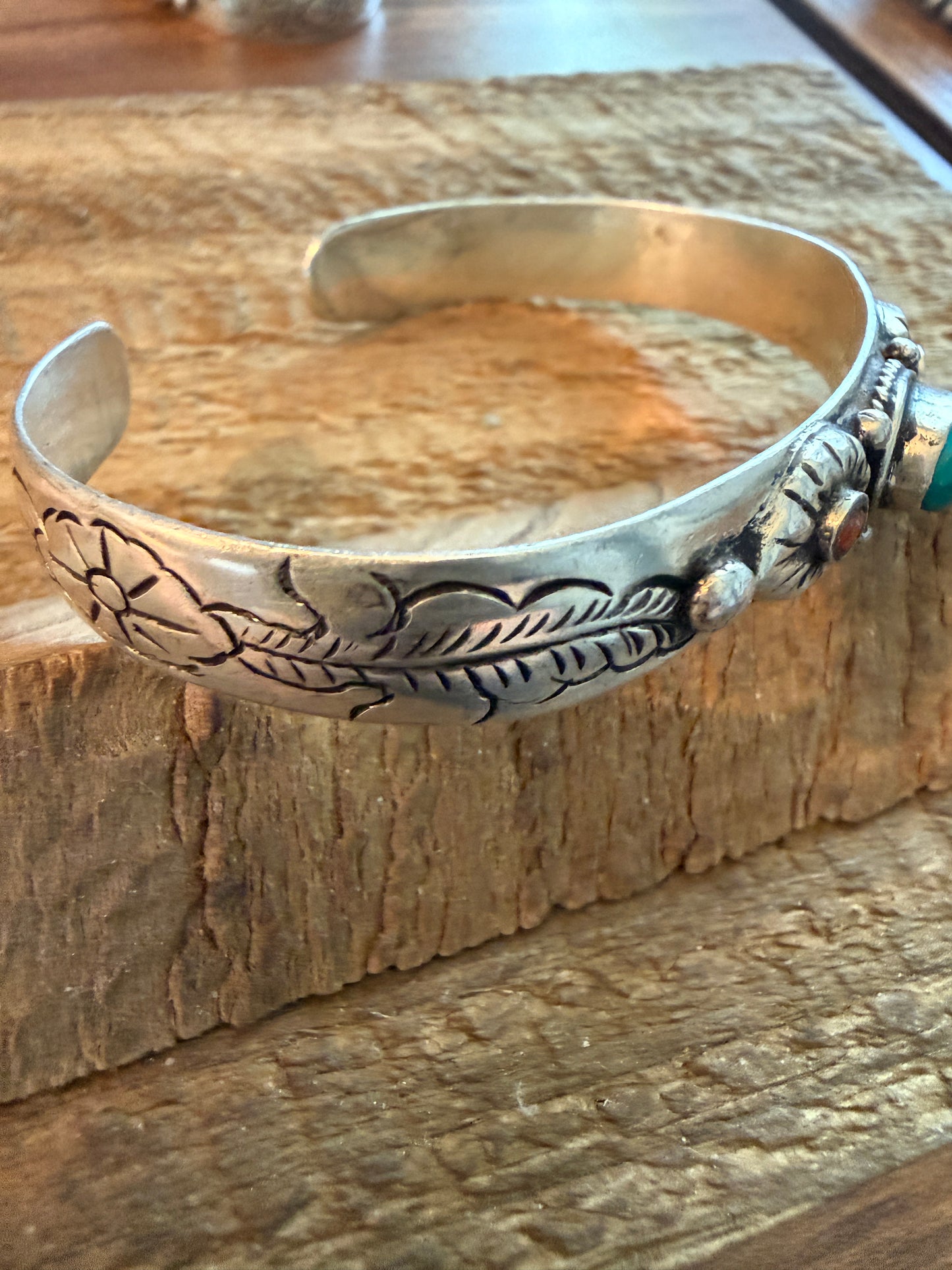 Navajo Style Blue Turquoise and Coral Bangle Bracelet, German Silver