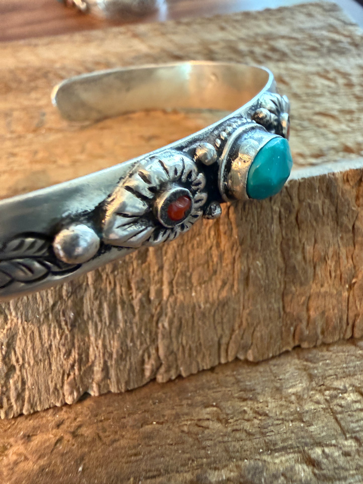 Navajo Style Blue Turquoise and Coral Bangle Bracelet, German Silver