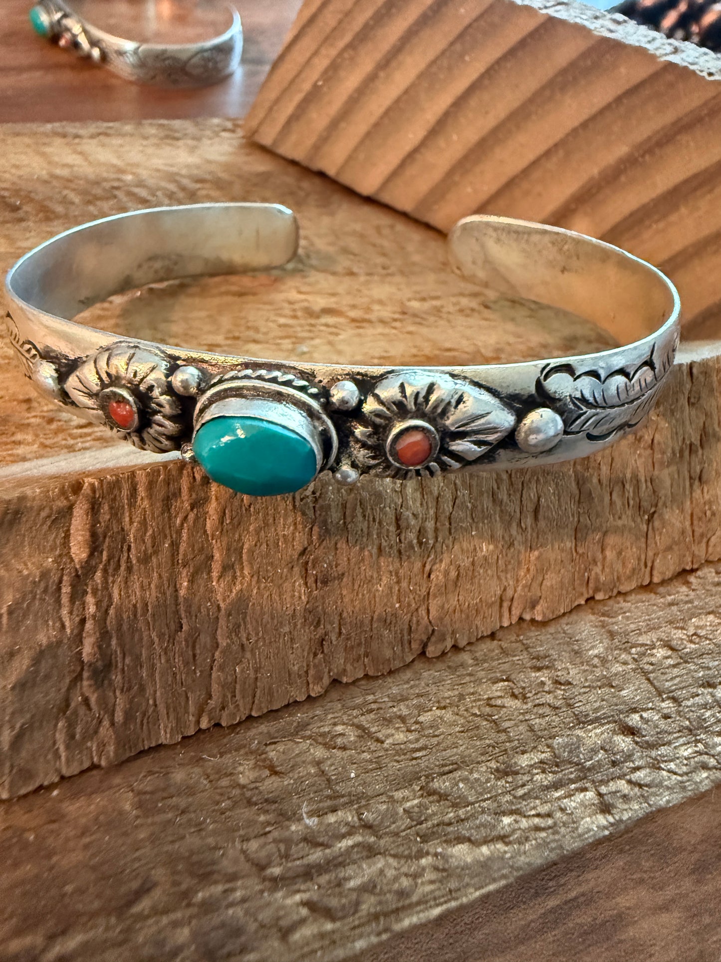 Navajo Style Blue Turquoise and Coral Bangle Bracelet, German Silver