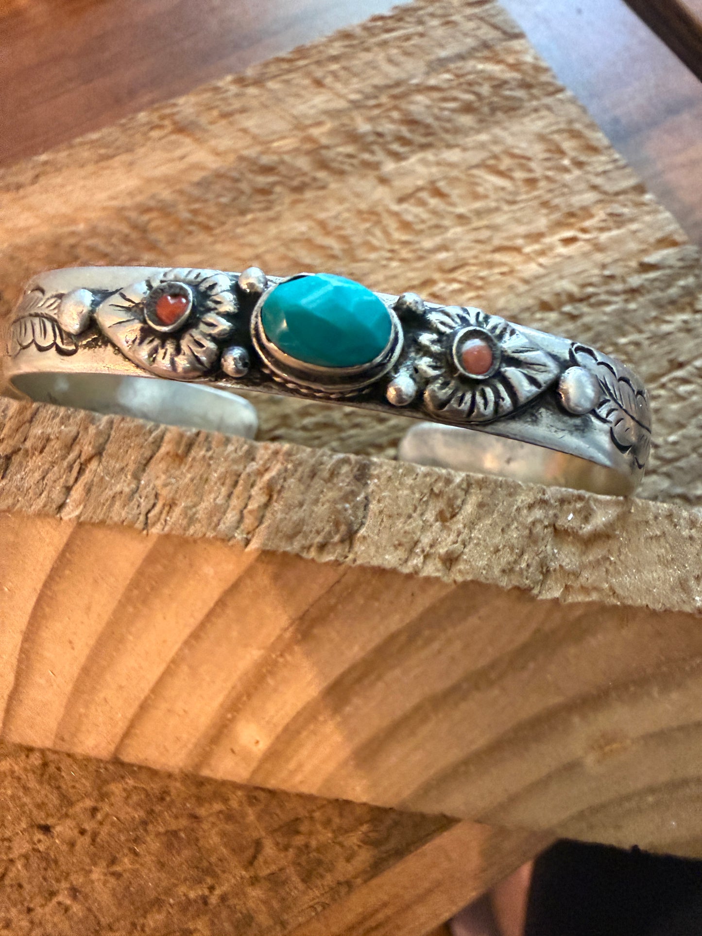 Navajo Style Blue Turquoise and Coral Bangle Bracelet, German Silver