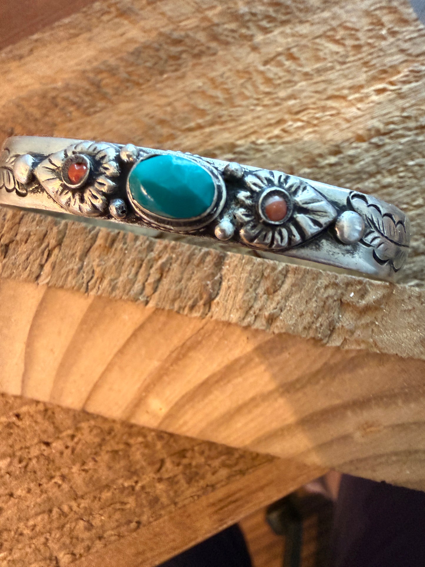 Navajo Style Blue Turquoise and Coral Bangle Bracelet, German Silver