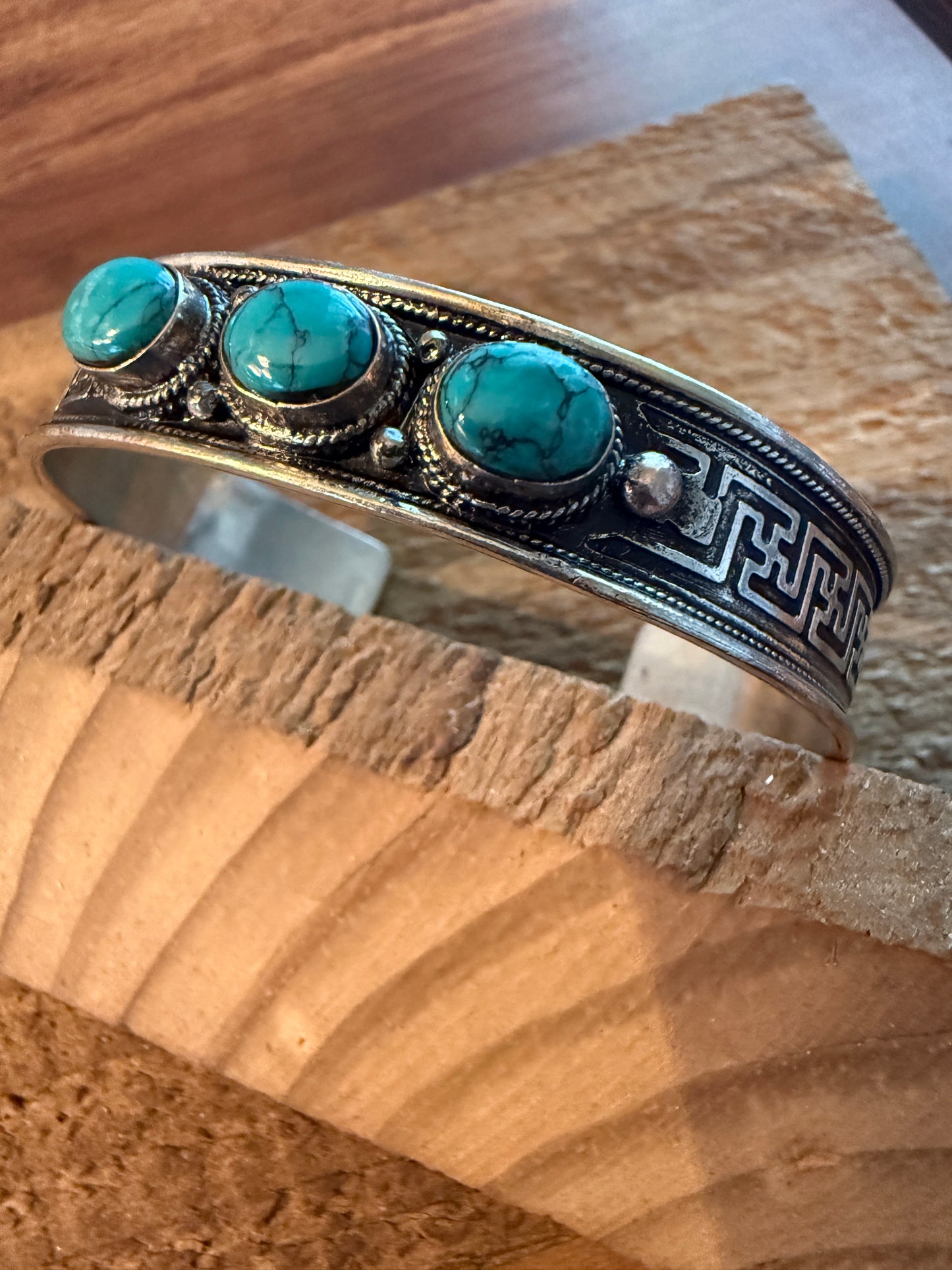 Navajo Style Blue Turquoise Natural Stone Bangle, Germain Silver