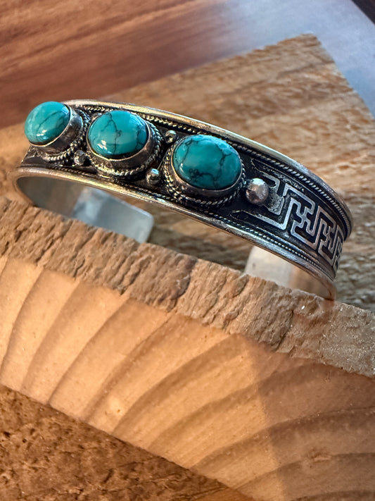 Navajo Style Blue Turquoise Natural Stone Bangle, Germain Silver