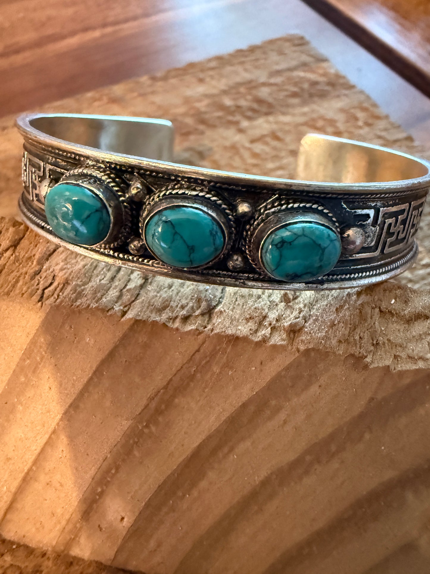 Navajo Style Blue Turquoise Natural Stone Bangle, Germain Silver