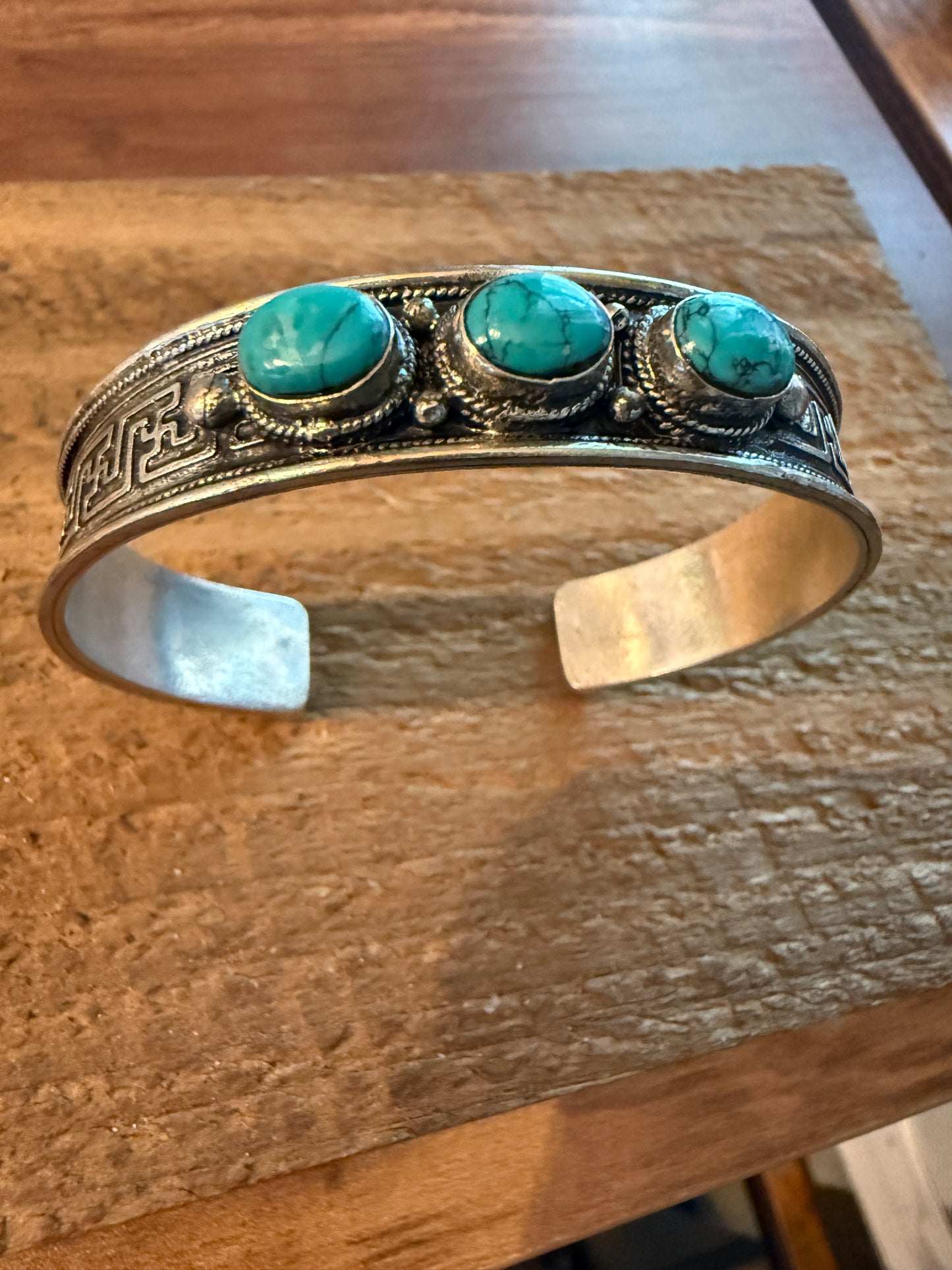 Navajo Style Blue Turquoise Natural Stone Bangle, Germain Silver