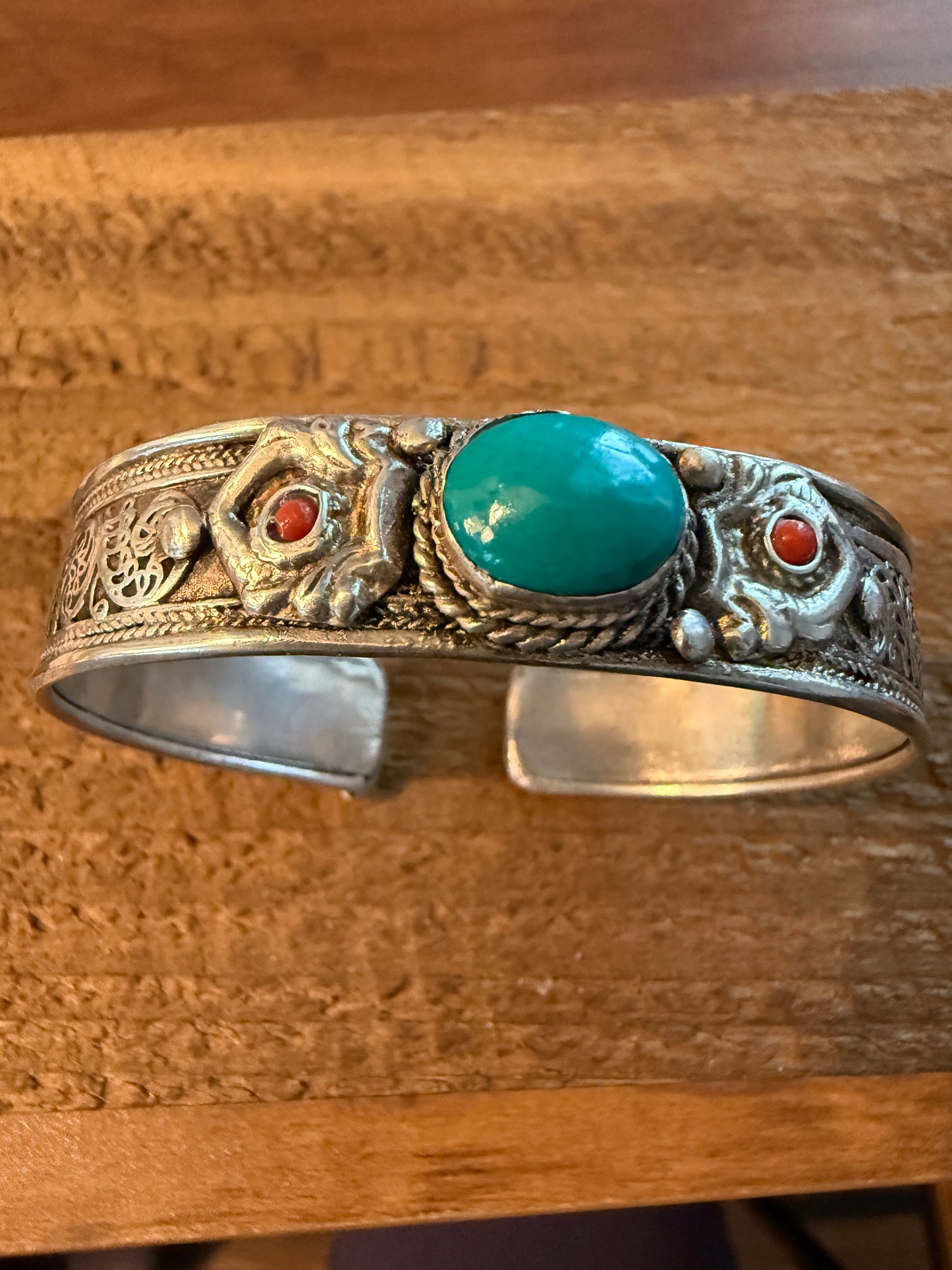 Navajo Style Blue Turquoise And Red Coral German Silver Cuff Bangle Bracelet