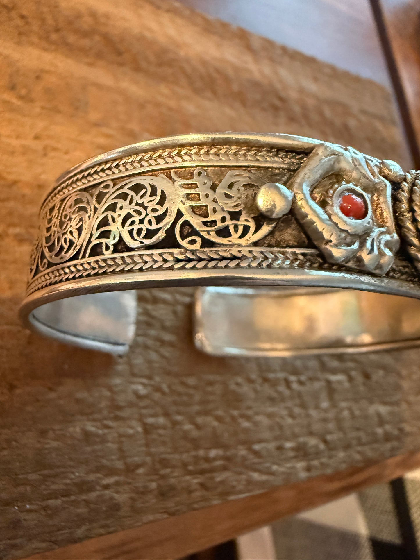 Navajo Style Blue Turquoise And Red Coral German Silver Cuff Bangle Bracelet
