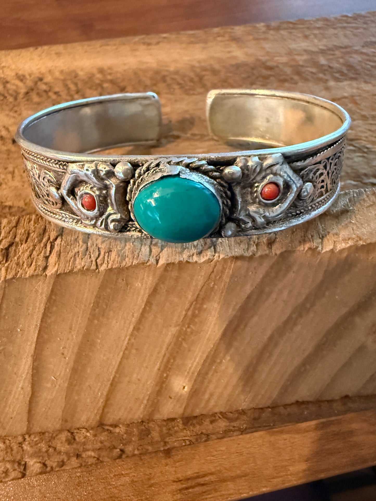 Navajo Style Blue Turquoise And Red Coral German Silver Cuff Bangle Bracelet