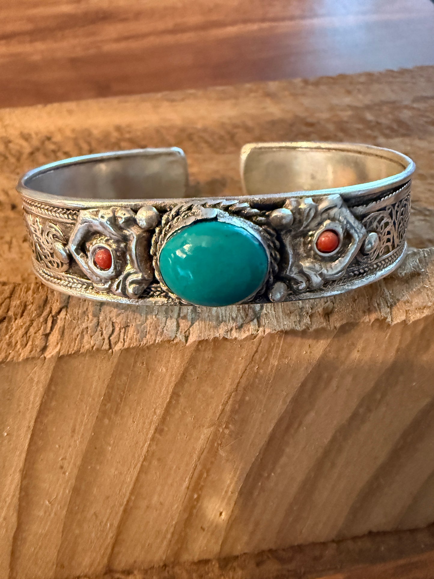 Navajo Style Blue Turquoise And Red Coral German Silver Cuff Bangle Bracelet