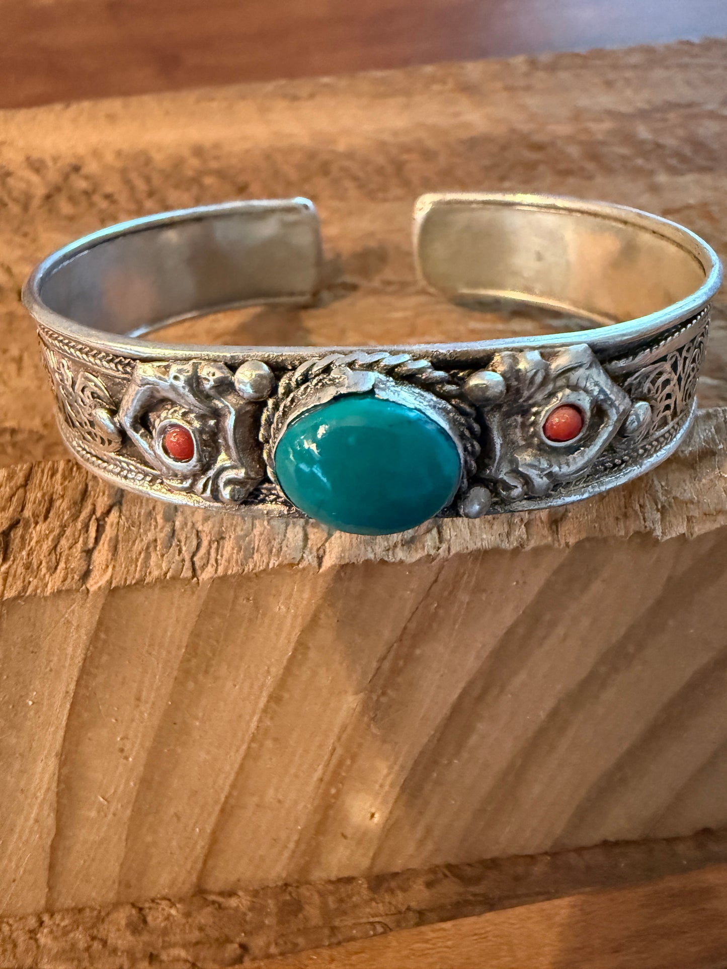 Navajo Style Blue Turquoise And Red Coral German Silver Cuff Bangle Bracelet