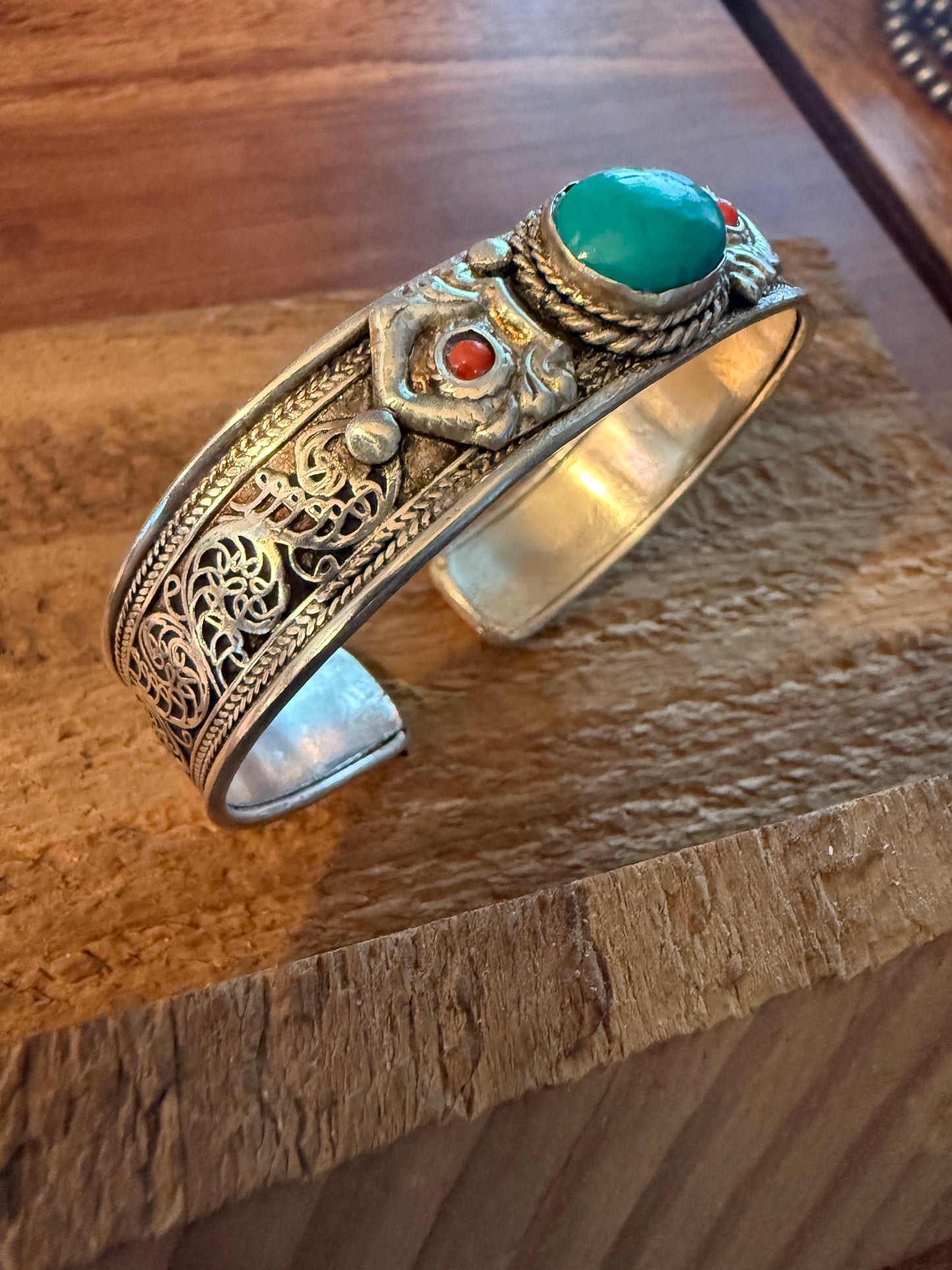 Navajo Style Blue Turquoise And Red Coral German Silver Cuff Bangle Bracelet