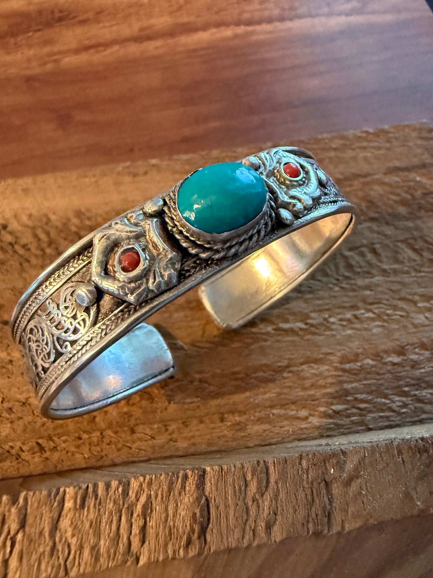 Navajo Style Blue Turquoise And Red Coral German Silver Cuff Bangle Bracelet