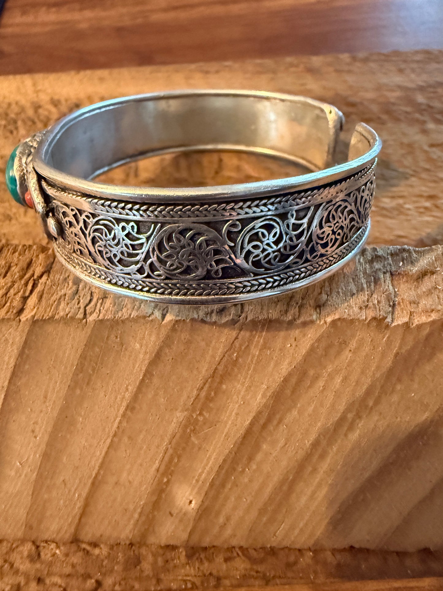Navajo Style Blue Turquoise And Red Coral German Silver Cuff Bangle Bracelet