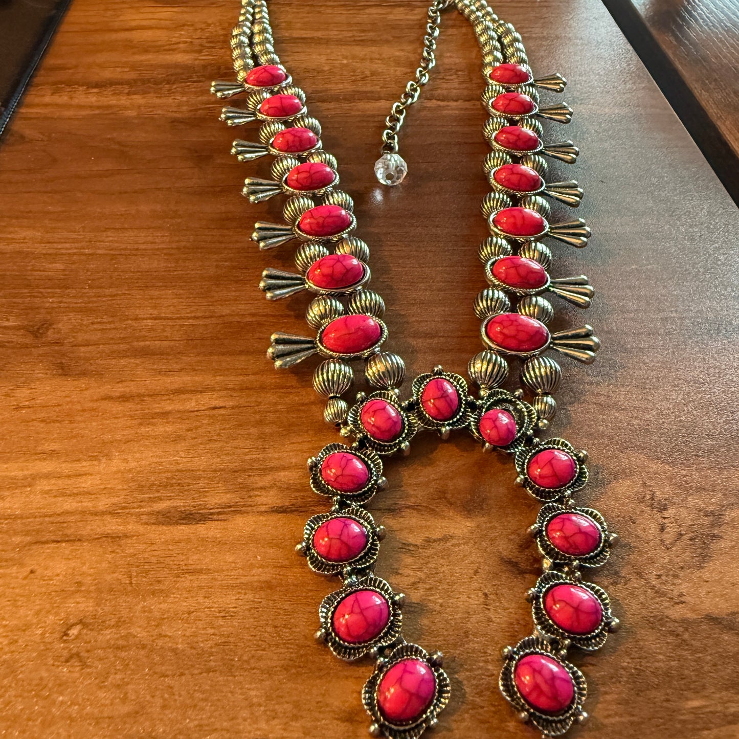 Handcrafted Boho Silver Squash Blossom Necklace With Faux Coral  Stone