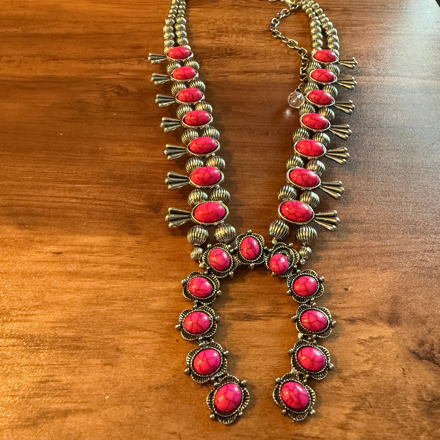 Handcrafted Boho Silver Squash Blossom Necklace With Faux Coral  Stone