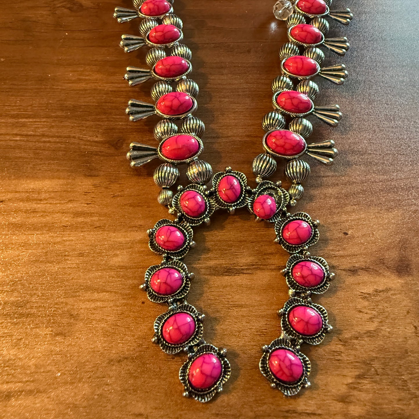 Handcrafted Boho Silver Squash Blossom Necklace With Faux Coral  Stone