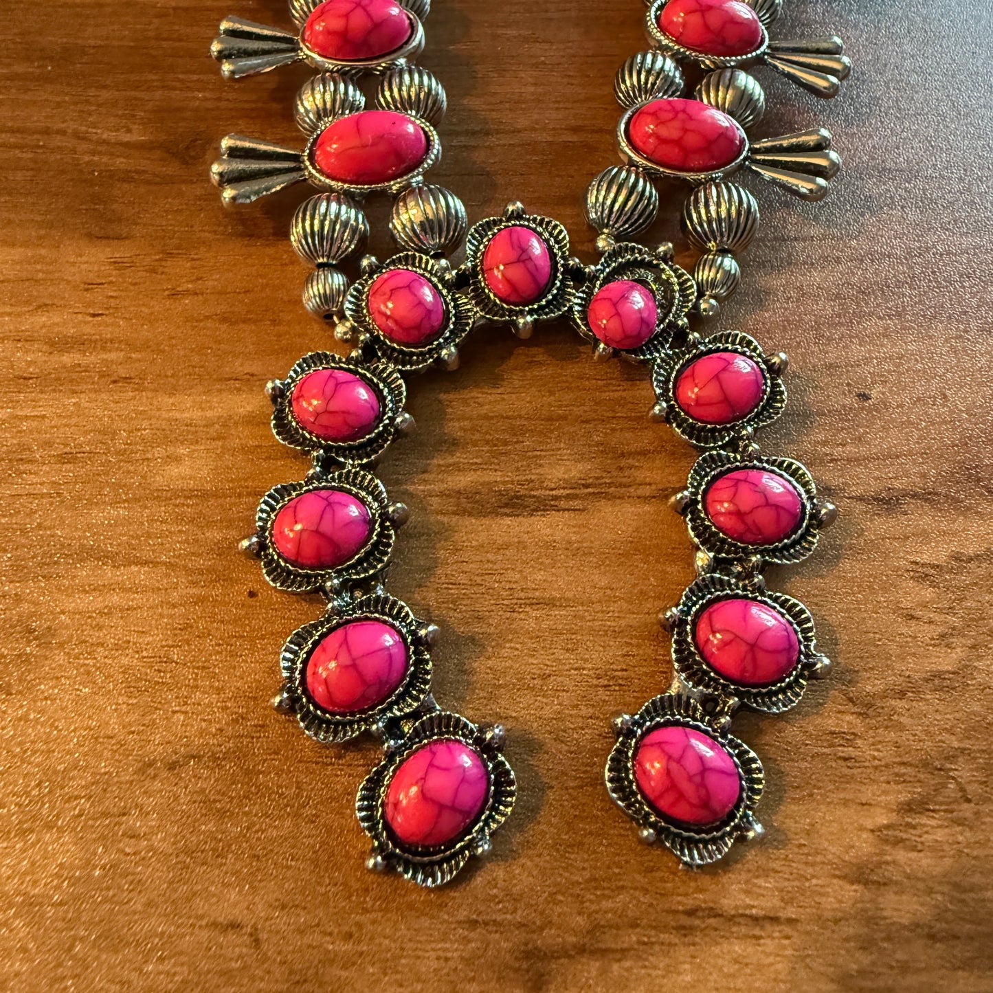 Handcrafted Boho Silver Squash Blossom Necklace With Faux Coral  Stone