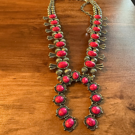 Handcrafted Boho Silver Squash Blossom Necklace With Faux Coral  Stone