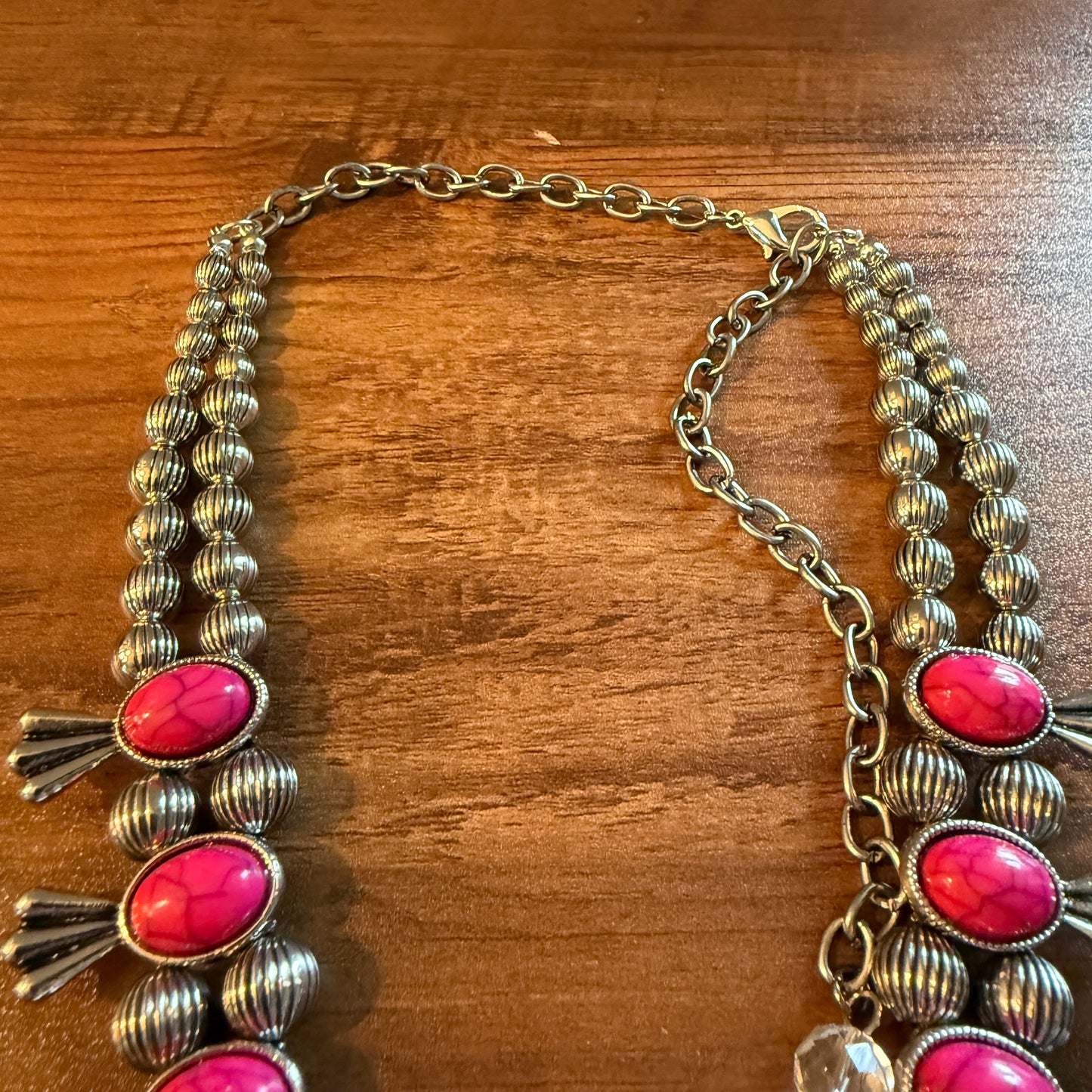 Handcrafted Boho Silver Squash Blossom Necklace With Faux Coral  Stone