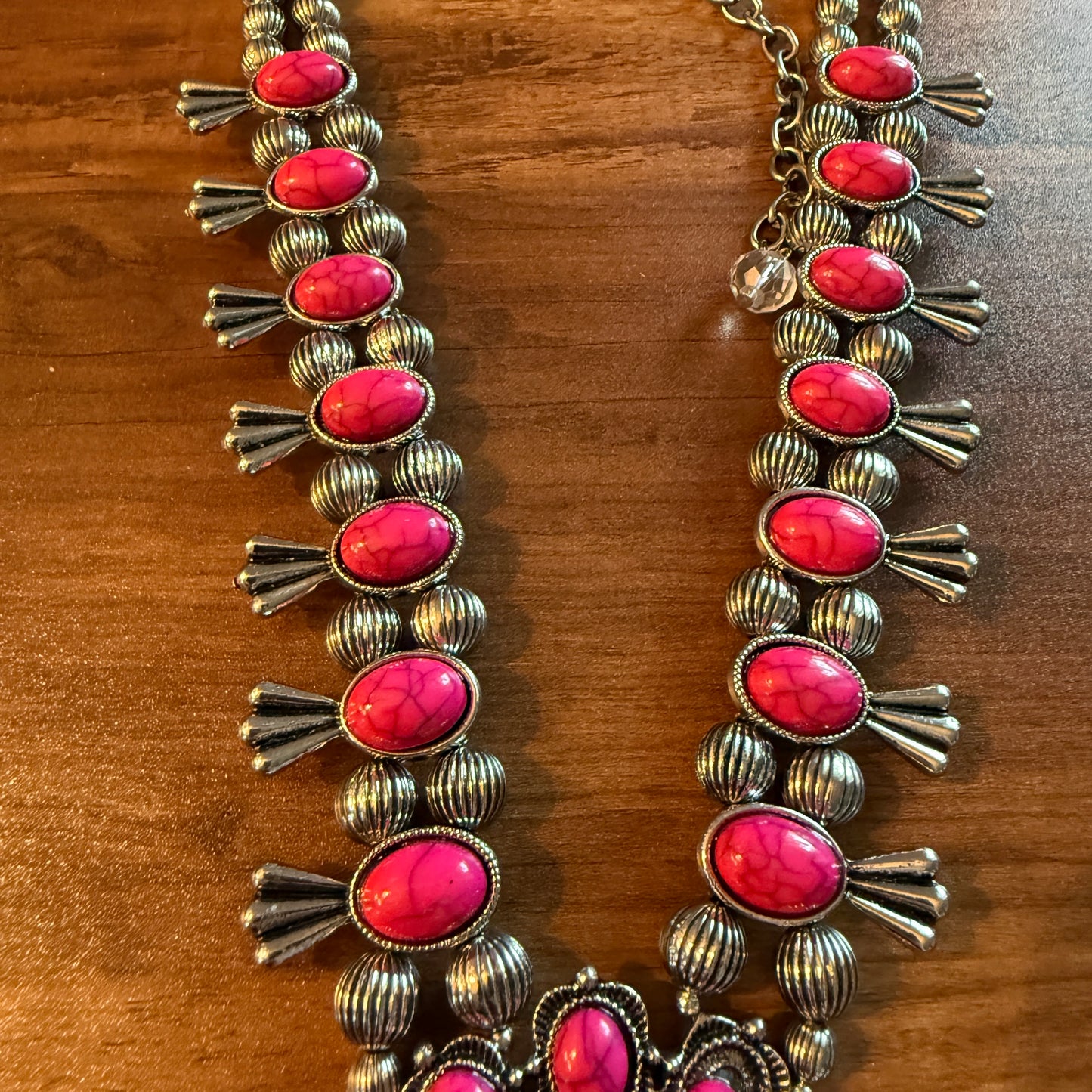 Handcrafted Boho Silver Squash Blossom Necklace With Faux Coral  Stone