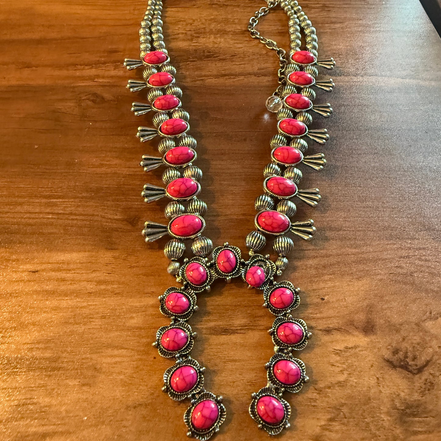 Handcrafted Boho Silver Squash Blossom Necklace With Faux Coral  Stone