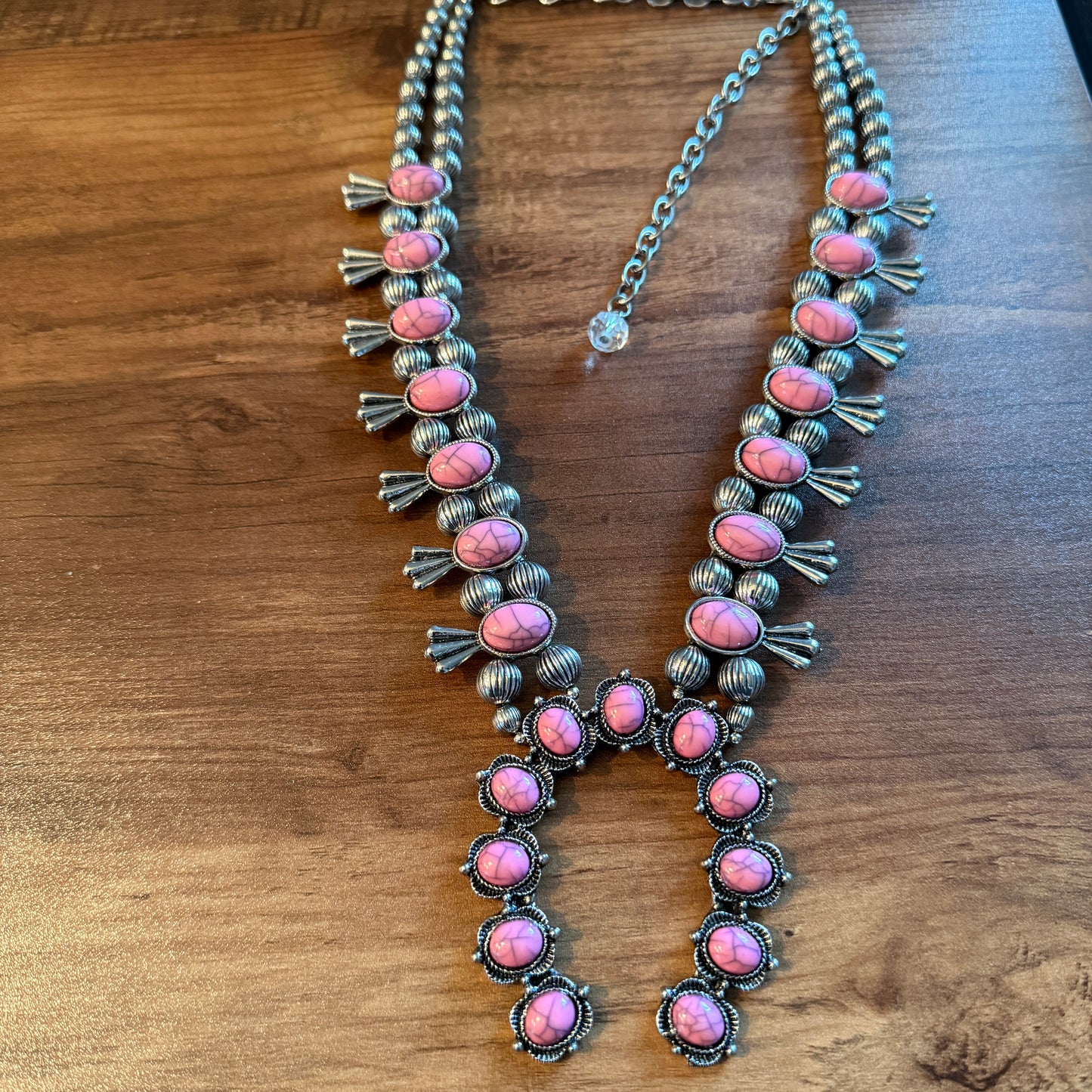 Boho Light Pink Faux Stone Squash Blossom Necklace With Vintage Charm, Silver Tone