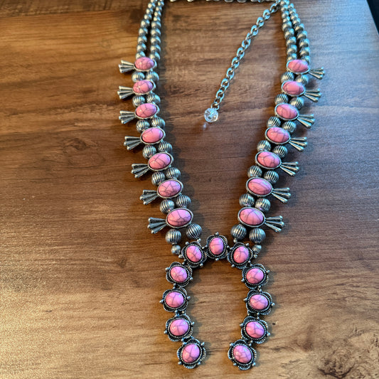 Boho Light Pink Faux Stone Squash Blossom Necklace With Vintage Charm, Silver Tone Silver Elegant