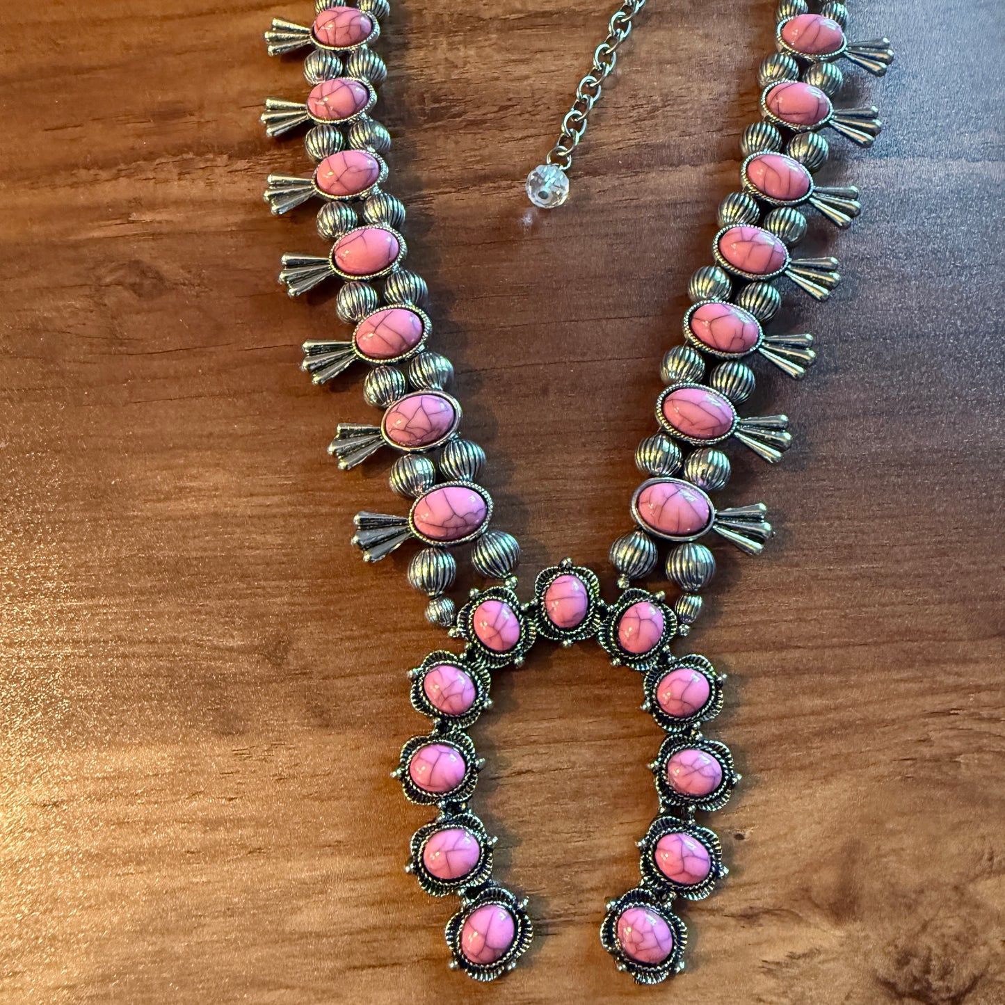 Boho Light Pink Faux Stone Squash Blossom Necklace With Vintage Charm, Silver Tone