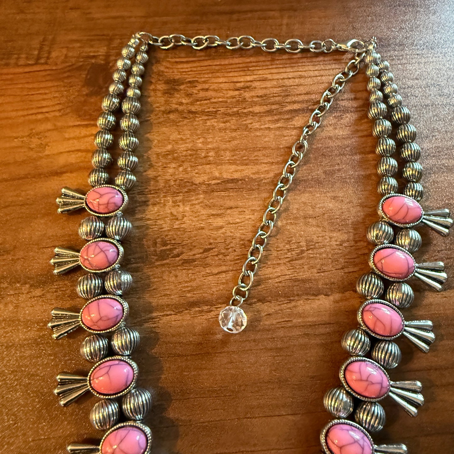 Boho Light Pink Faux Stone Squash Blossom Necklace With Vintage Charm, Silver Tone