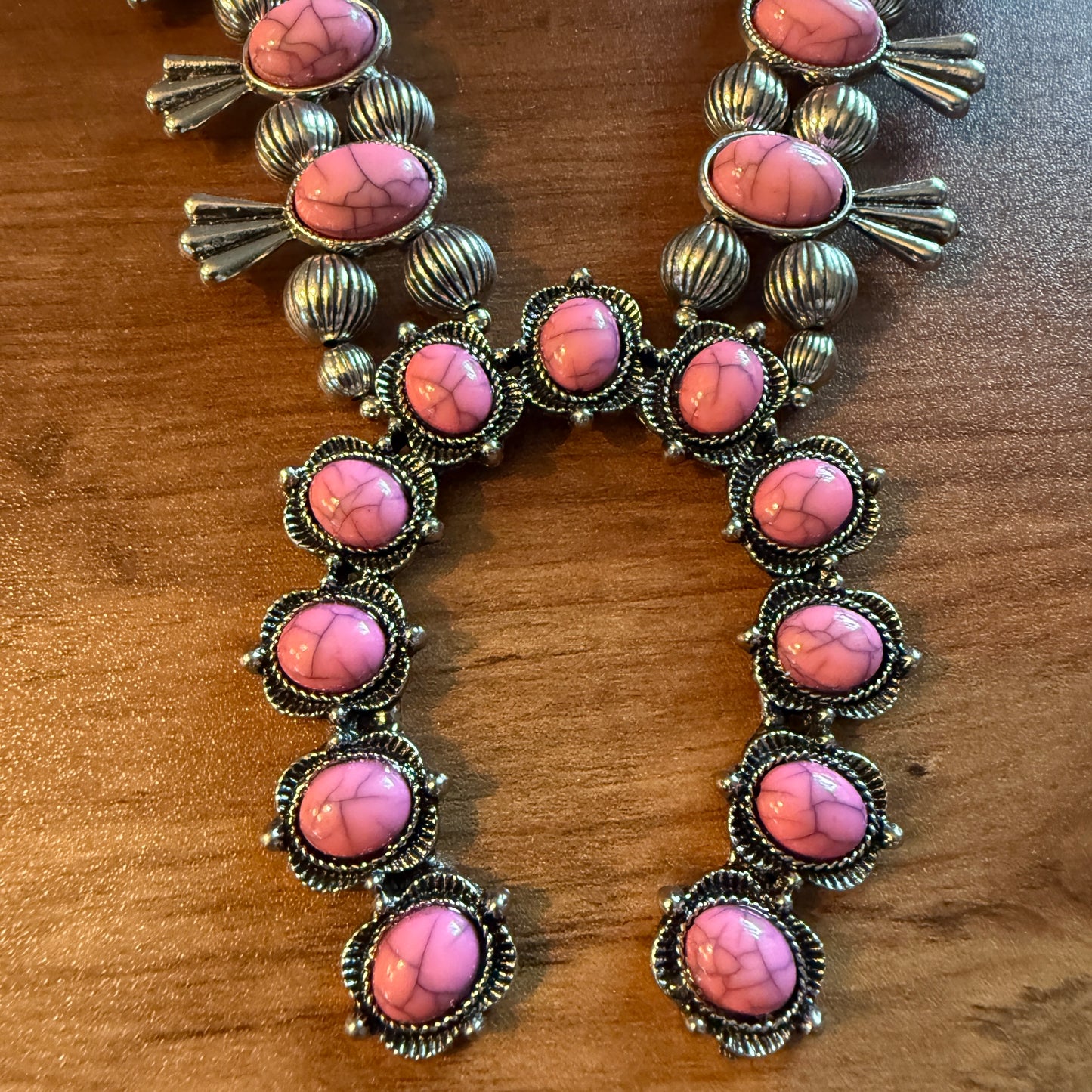 Boho Light Pink Faux Stone Squash Blossom Necklace With Vintage Charm, Silver Tone