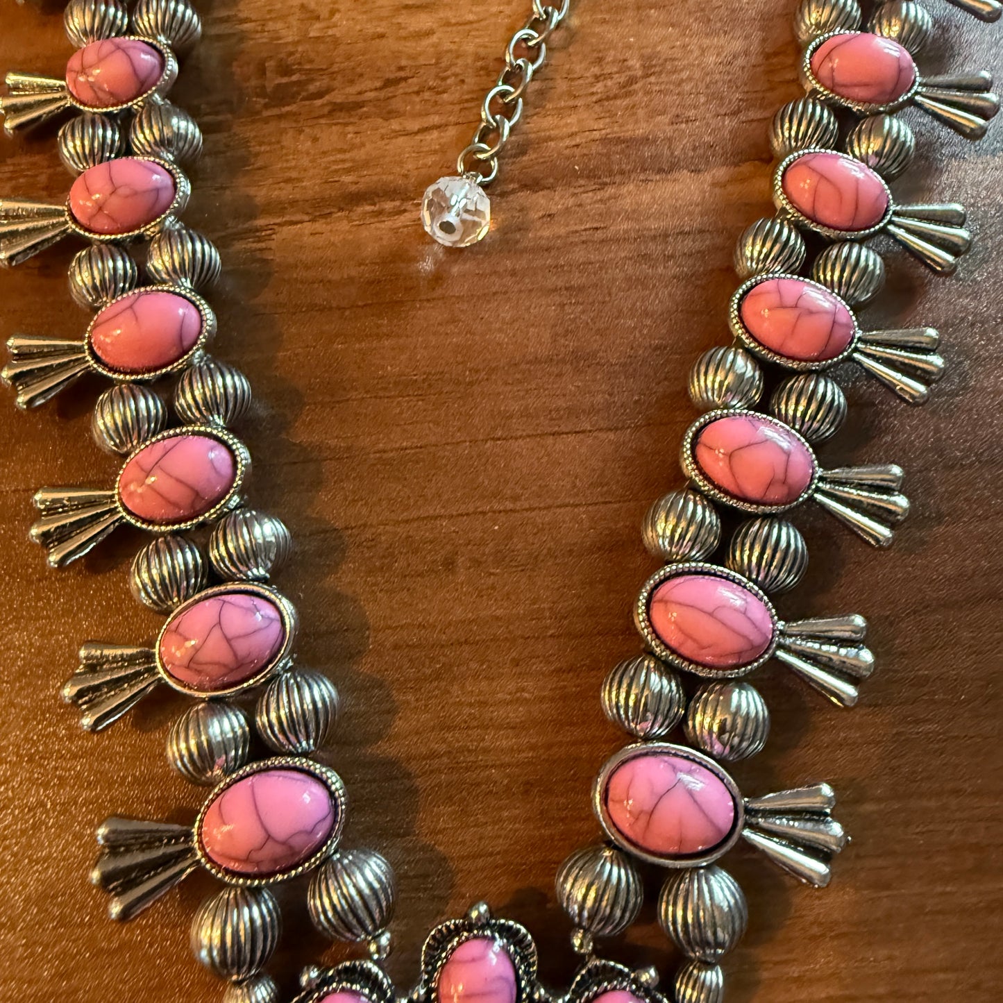 Boho Light Pink Faux Stone Squash Blossom Necklace With Vintage Charm, Silver Tone