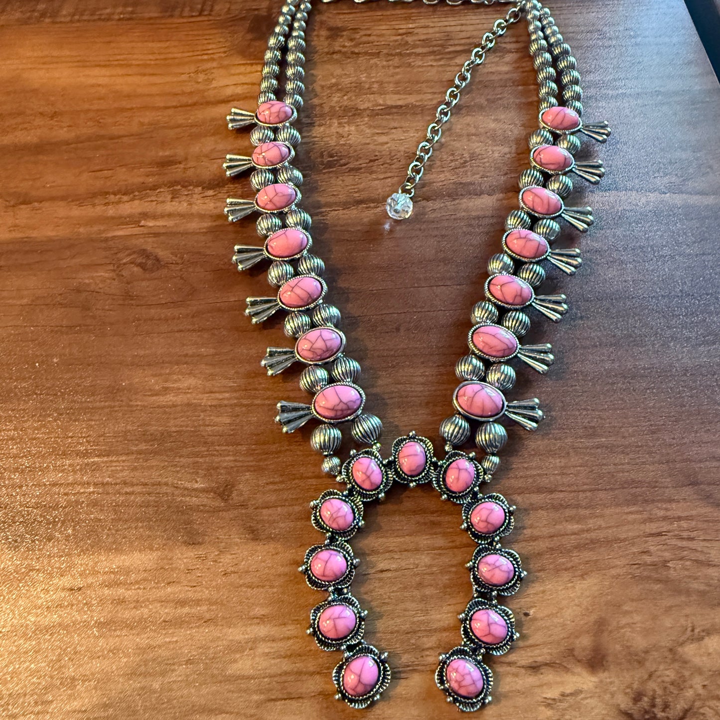 Boho Light Pink Faux Stone Squash Blossom Necklace With Vintage Charm, Silver Tone
