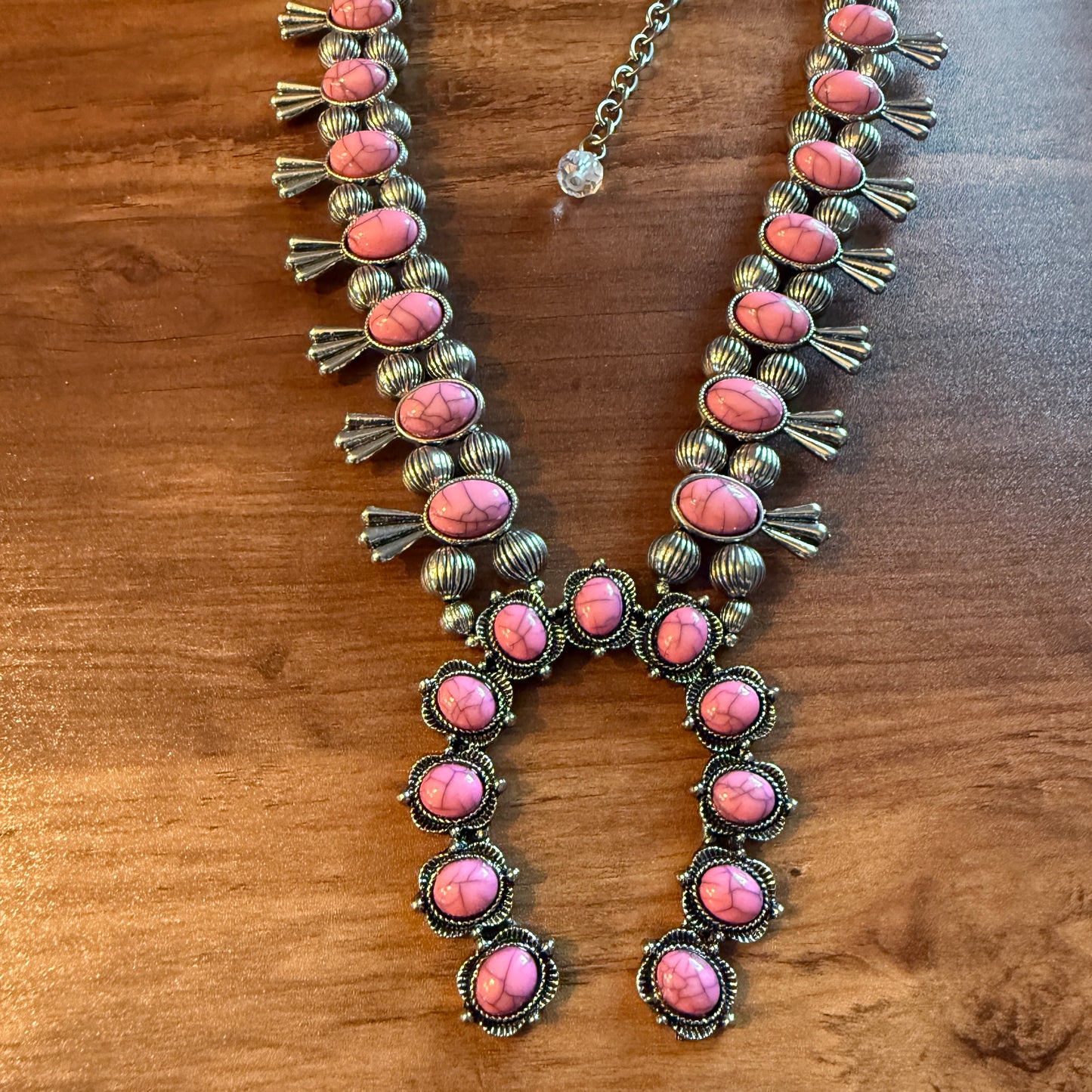 Boho Light Pink Faux Stone Squash Blossom Necklace With Vintage Charm, Silver Tone