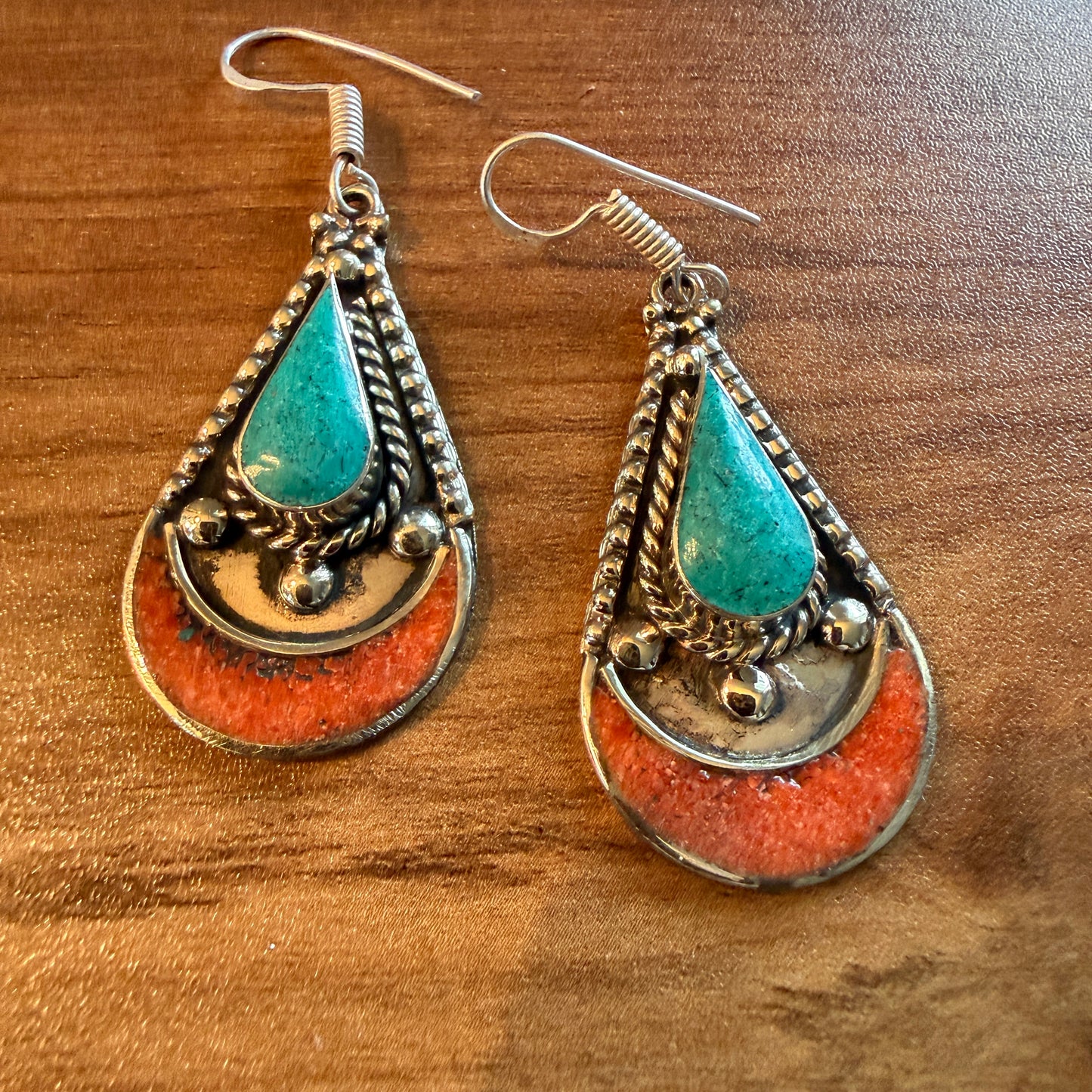 Navajo Style Blue Turquoise And Red Coral German Silver Wire Drop Earrings, 2.5 inches