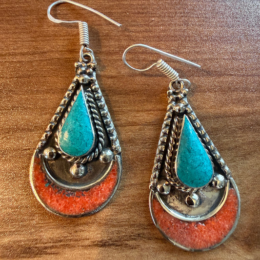 Navajo Style Blue Turquoise And Red Coral German Silver Wire Drop Earrings, 2.5 inches