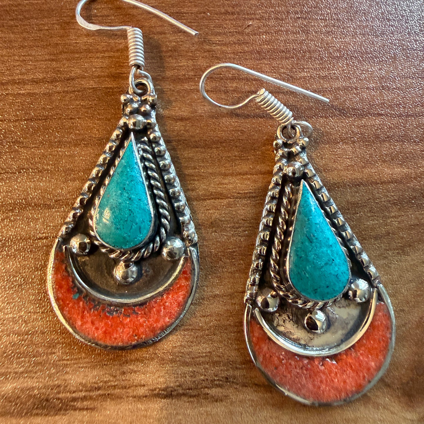 Navajo Style Blue Turquoise And Red Coral German Silver Wire Drop Earrings, 2.5 inches