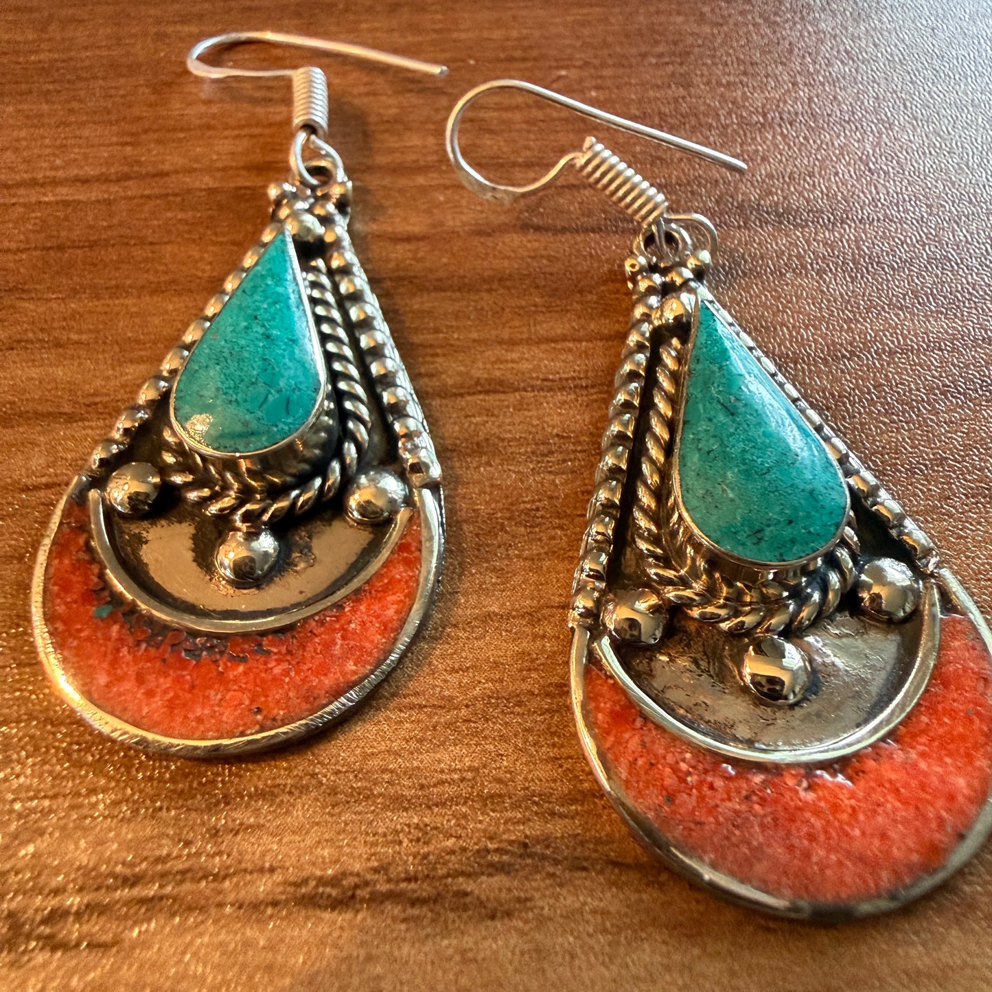 Navajo Style Blue Turquoise And Red Coral German Silver Wire Drop Earrings, 2.5 inches