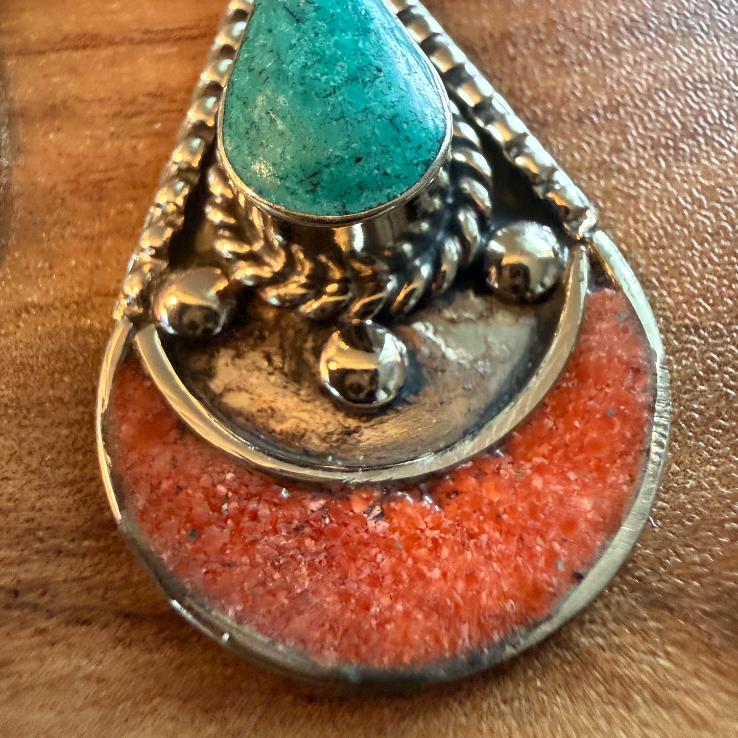 Navajo Style Blue Turquoise And Red Coral German Silver Wire Drop Earrings, 2.5 inches