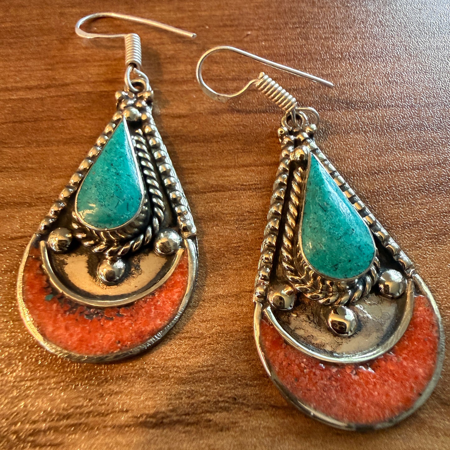 Navajo Style Blue Turquoise And Red Coral German Silver Wire Drop Earrings, 2.5 inches